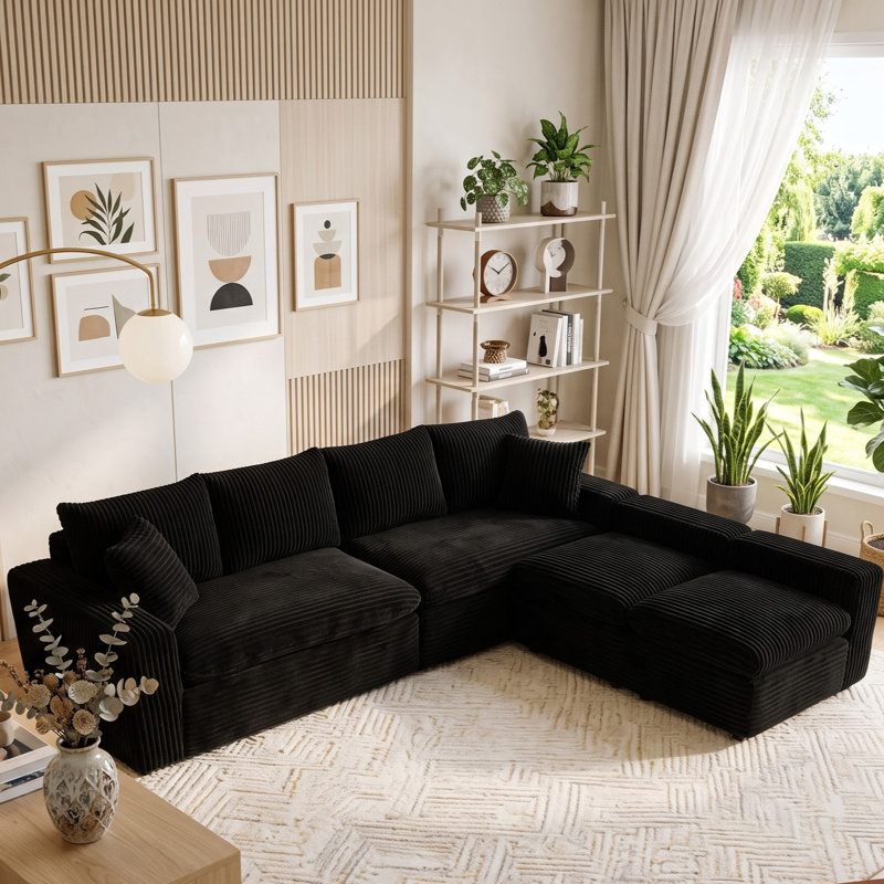 Canapé modulaire en U avec mousse à mémoire de forme et velours côtelé Aino, Noir
