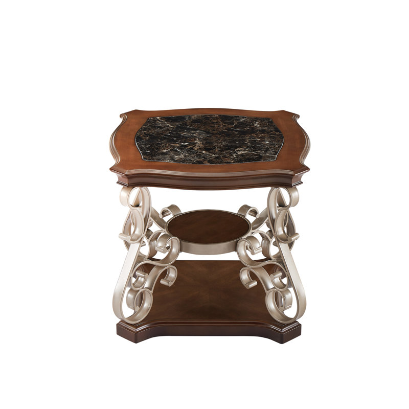 End Table, Marble Paper Top,  MDF With Brich Middle Shelf, Powder Coat Finish Metal Legs.