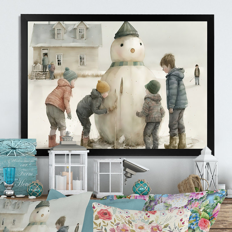 «Kids Building a Huge Snowman I», peinture sur toile, H 30 po x l 40 po x P 1,5 po, Impression noire sur toile encadrée