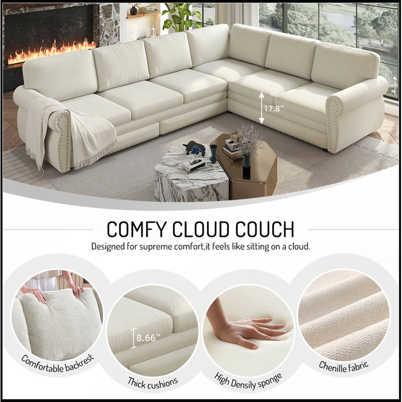 Canapé-lit modulaire rembourré en chenille de 118 L avec lit escamotable et garniture cloutée, Beige + chenille blanche