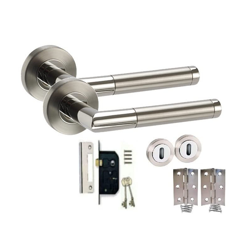 Golden Grace Mitred Style Modern Key Lock Door Handles Lever Latch on Round Rose in Duo Finish with Hinges