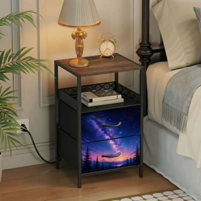 2 Drawers Nightstand with Charging Station, Bedroom Nightstand with USB Ports &amp; Outlets Open Shelf Black, night stand with Celestial Nebula Night Sky Cosmic Clouds Starry Landscape Print