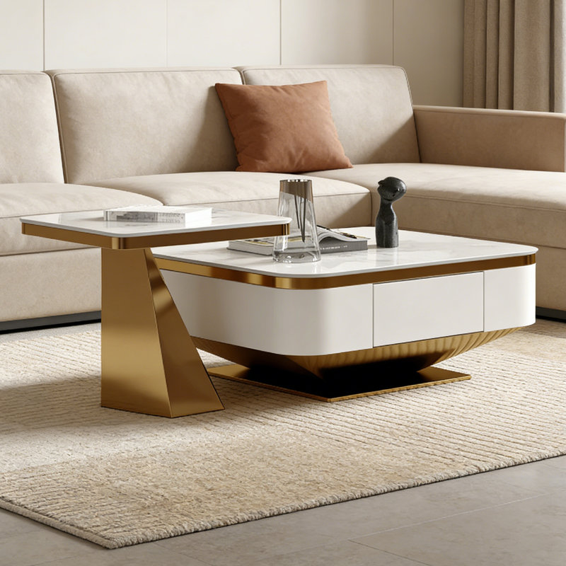 Ensemble de tables basses avec tiroirs Sintered Stone, H 14,56 po x L 35,43 po x l 35,43 po, Or