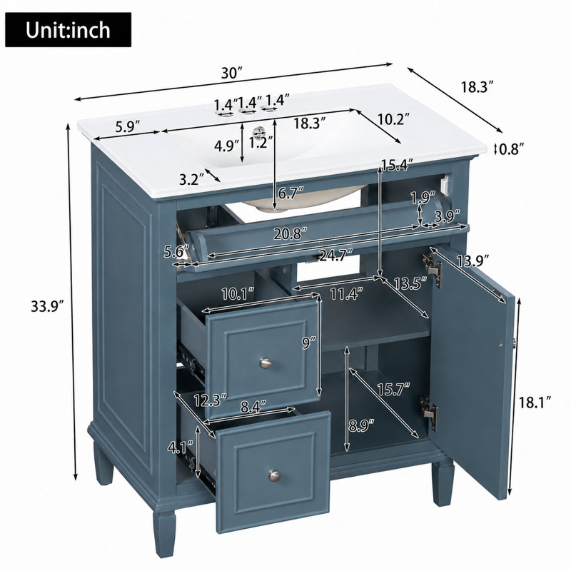 Ensemble de meuble-lavabo simple 30 po avec lavabo en céramique Velmori, tiroir de rangement basculant et tablette réglable