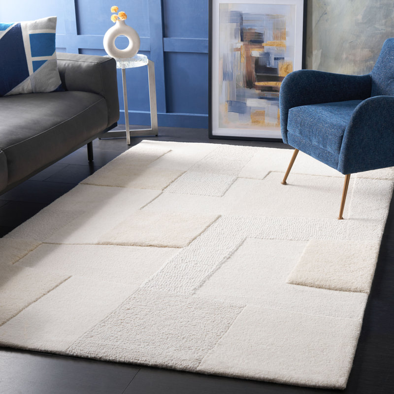 Manhattan Hand Tufted Wool Cotton Checkered Rug in Ivory/Beige, Rectangle 5' x 8'