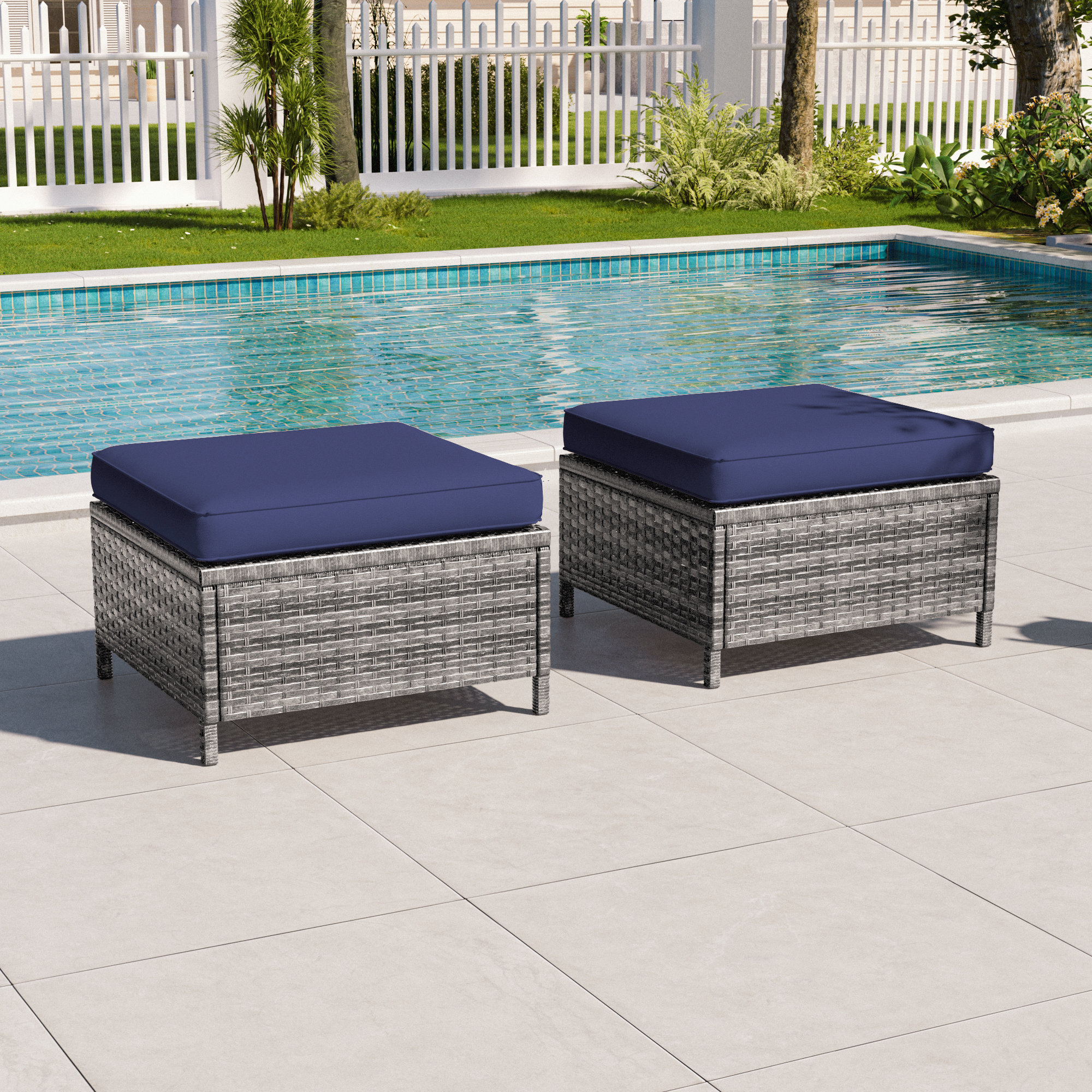 Aok Garden 2 Pcs Patio Rattan Ottomans, Outdoor Wicker Ottomans w ...