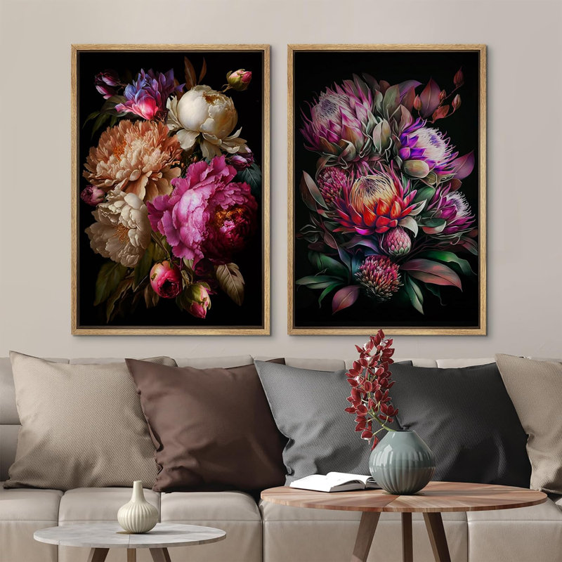 «Flower Blossom Moody Colorful Blossom Flowers Bouquet Floral», reproduction d'art sur toile encadrée 2 pièces, Naturel