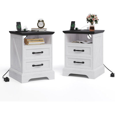 Best Seller,Nightstand with Charging Station, Farmhouse Bedside Table with 2 Drawers and Open Shelf, White Finish, USB Ports and AC Outlets, 20" D x 16" W x 25" H, for Bedroom, Rustic Style