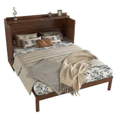 Large wall-hanging bed, pine wardrobe bed with power station and woven decorative panel