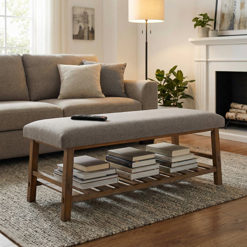 Dallyn Dining Bench with Storage, Gray Fabric and Wood Base