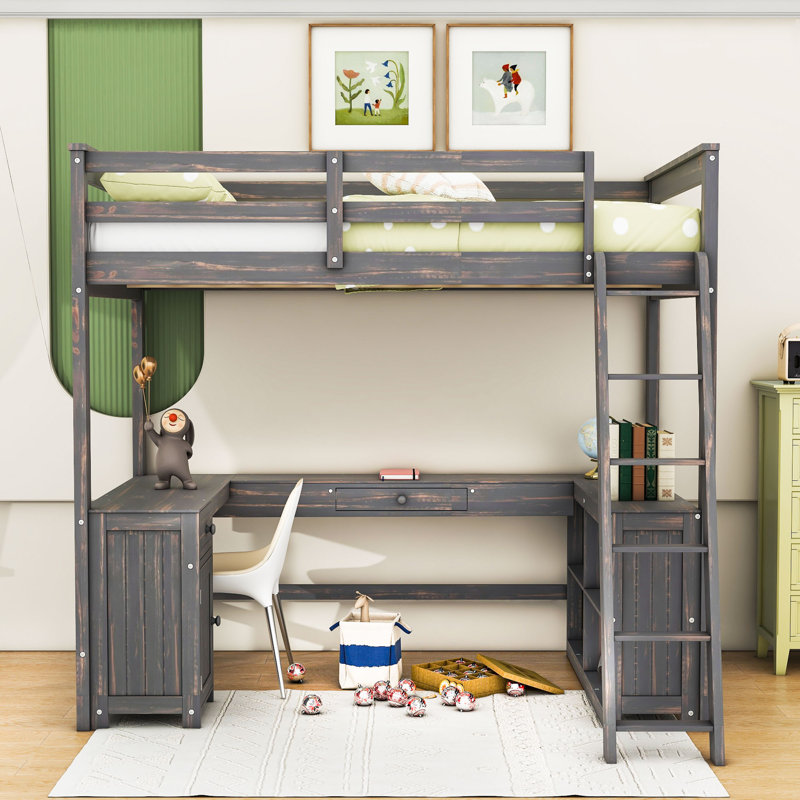 Lit mezzanine en bois Karthika avec bureau en U, tiroirs, échelle et tablettes de rangement, Blanc, Full