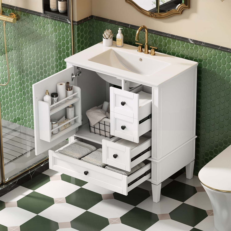 Armoire de salle de bain moderne avec lavabo en céramique, Blanc, Argent argent