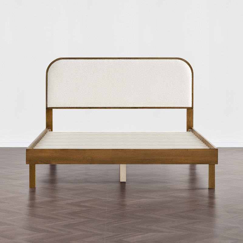 Mid-Century Solid Wood Boucle Upholstered Headboard Bed Frame, Full , Walnut