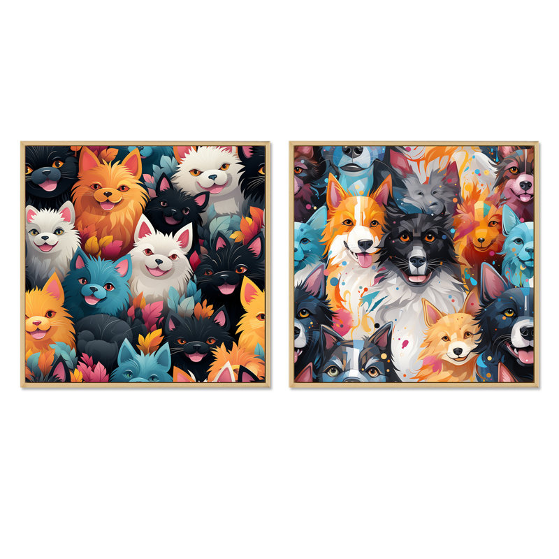 Motif de chien ludique pour chambre d'enfant - ensemble de 2 animaux carrés, Cadre flottant brun, H 36 po x l 73 po