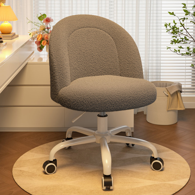 Armless Office Desk Chair With Wheels, Soft Lumbar Support Vanity Chair For Small Space,Bedroom, Height Adjustable, Beige