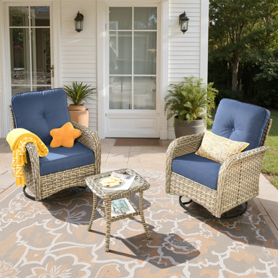 3-Piece All-Weather Wicker Swivel Rocking Patio Chair Set With Cushions And Side Table