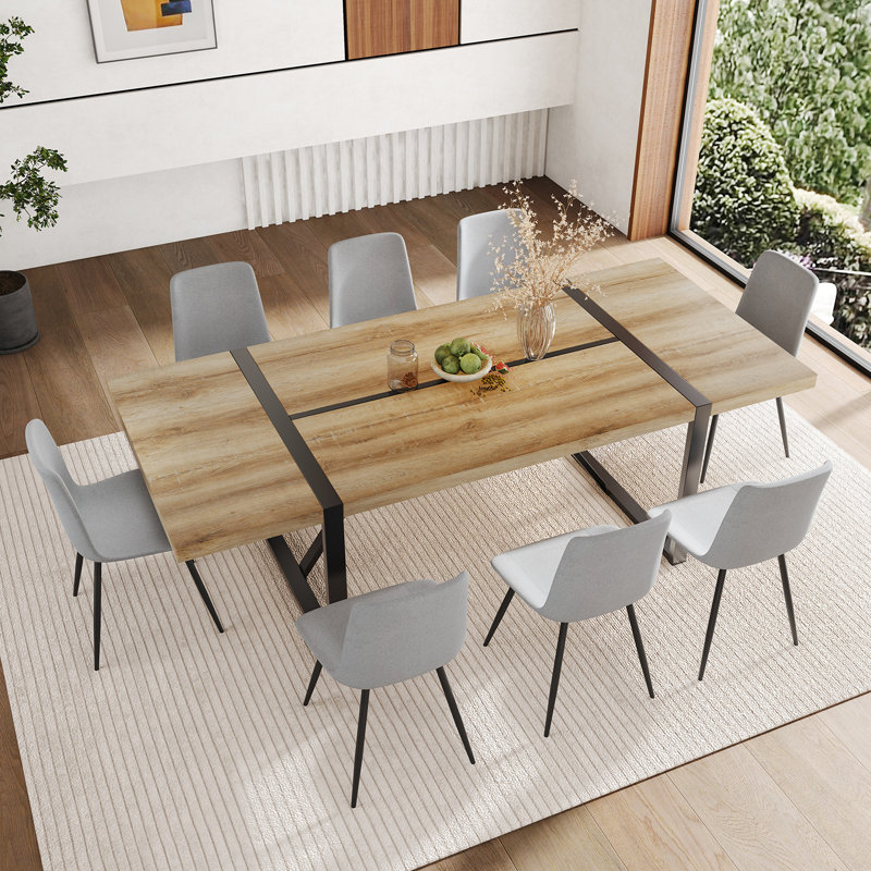 87 Inch Wood Dining Table Set With PU Leather Upholstered Dining Chair, Light Gray, 9 Pieces: Table, 8 Chairs