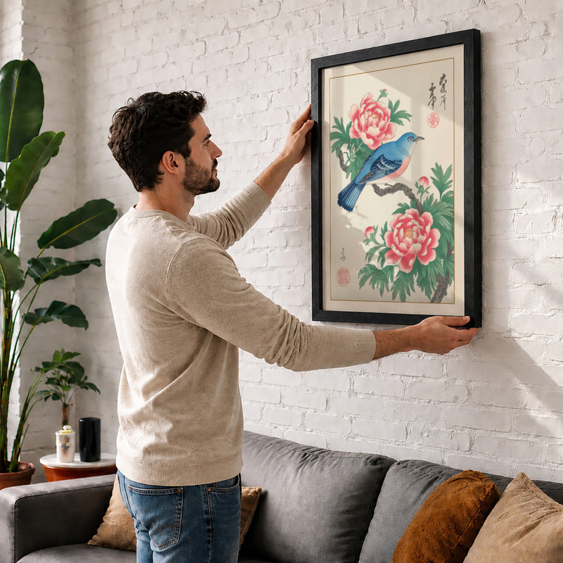 Blue Bird Among Peonies Japandi - Print, Black, A3 - 42.0 x 29.7 cm
