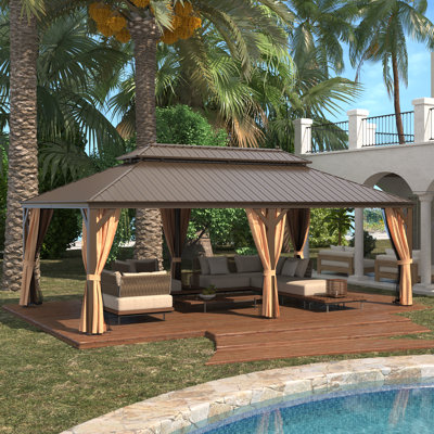 Pavillon de jardin à toit rigide avec cadre et toit en aluminium à grain de bois, rideaux et filet inclus pour la terrasse, la terrasse et la cour