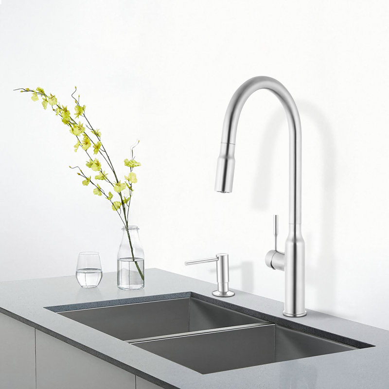 Robinet de cuisine rétractable à double fonction avec douchette simple en acier inoxydable KBFmore