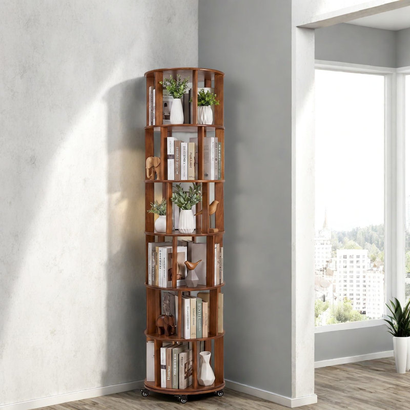 Bibliothèques rotatives, rangement mobile moderne en bois massif à 6 niveaux pour la maison