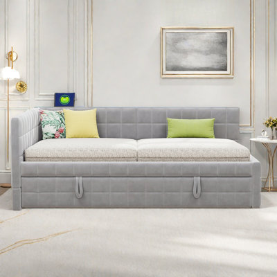 Upholstered L-shaped Daybed With Pop Up Trundle, Usb Ports And Square-block Pattern by Ebern Designs