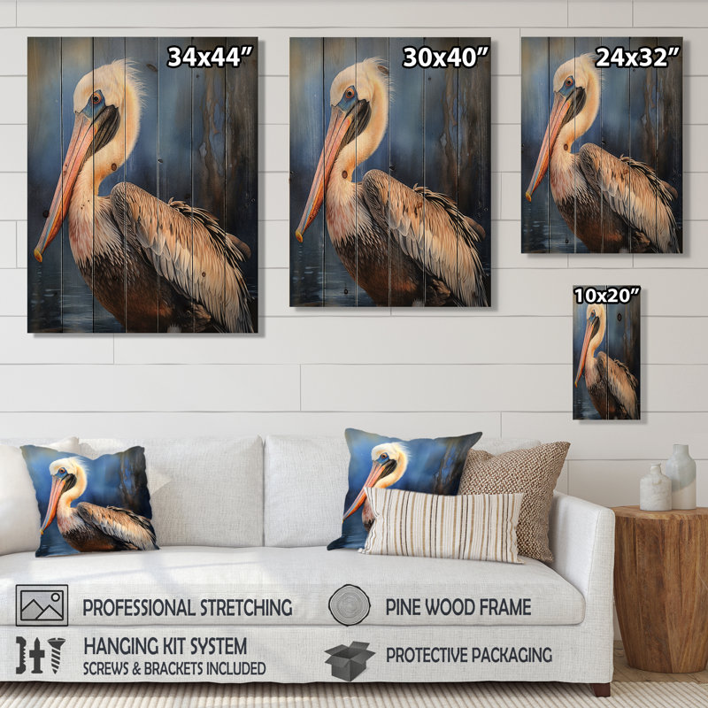 Lenaghan Majestic Pelican II, reproduction sur bois naturel, H 40 po x l 30 po x P 0,78 po