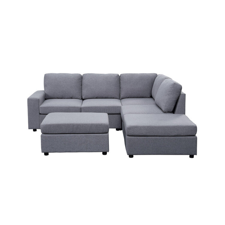 Gouvernour Linen Reversible Modular Sectional Sofa with Ottoman, Light Gray 100% Linen