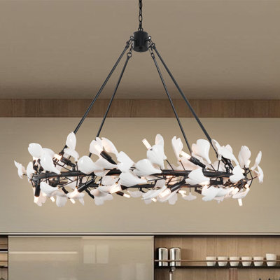 Lustre de salle à manger moderne à 36 lumières à motif de feuilles de ginkgo noir