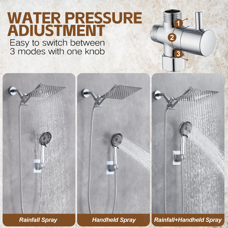 Shower Head, Rain Shower Head With Handheld Spray Combo And Adjustable Extension Arm, 3-Way Flow Regulator, High Pressure Rain Fall Hose