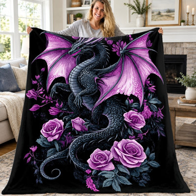 1pc Dragon Blanket, Fantasy Gothic Dragon with Purple Wings and Roses Pattern Plush Throw, Super Soft Cozy Lightweight Warm Flannel Blanket for Sofa Couch Bed Living Room Dorm Office Travel, Home Decor All-Season Gift