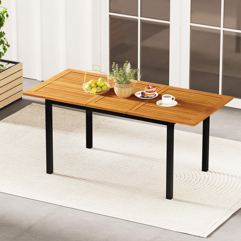 Extendable Acacia Wood Patio Dining Table for 4-8 People with 1.97” Umbrella Holes, Metal Legs