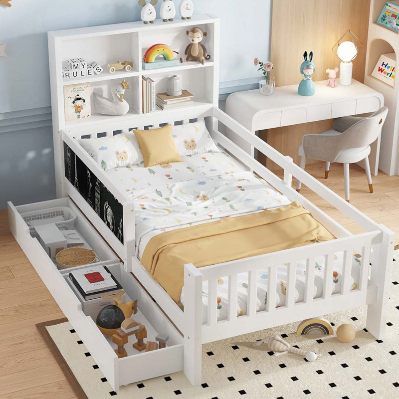 Lit avec rangement et tiroirs en bois, Simple, Blanc