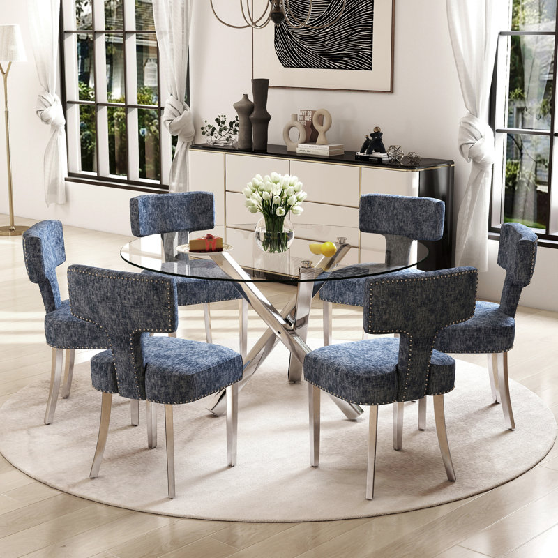 Modern Clear Round Pedestal Dining Set with Chenille Dininig Chair, Blue, Silver