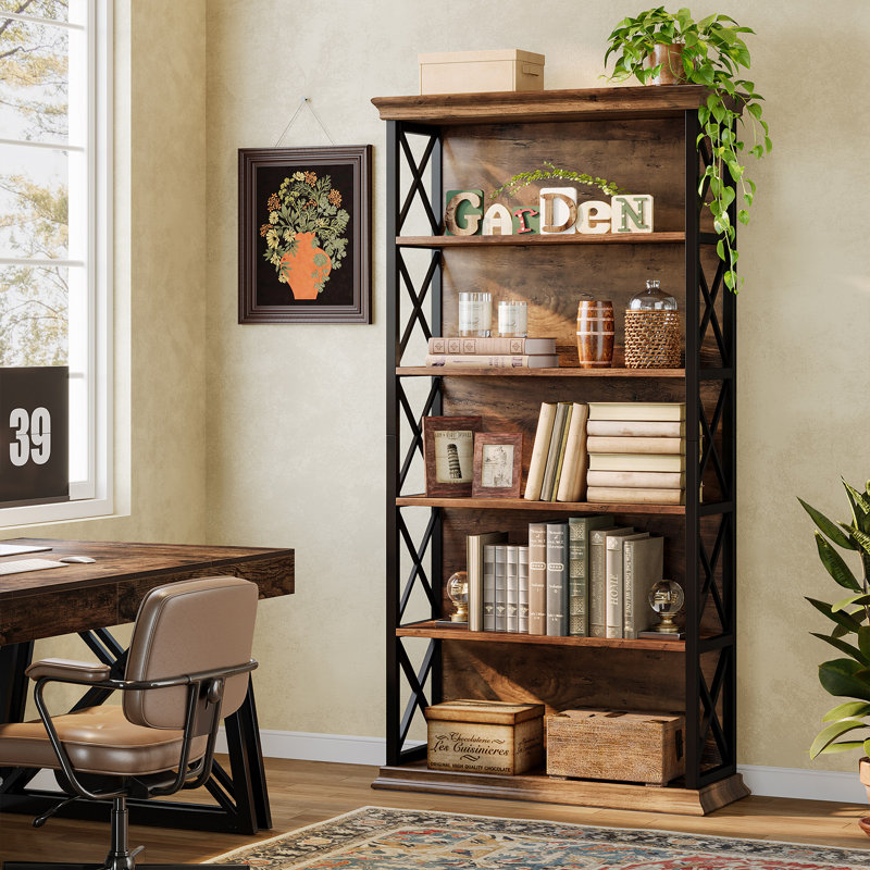 71" Tall Bookcase, 5-Shelf Freestanding Bookshelf For Home Office, Living Room, Rustic Brown/Black, 1
