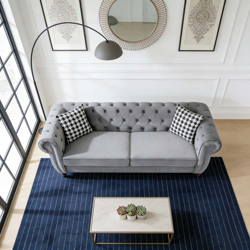Canapé 87 po en tissu d'ameublement Chesterfield, H 29 po x l 87 po x P 33 po, 3, Gris