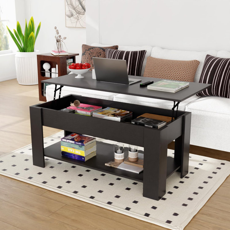 Lift Top Coffee Table With Hidden Storage Compartment And Lower Shelf - Sturdy Wooden Lift Tabletop With Hydraulic Lifter For Living Room