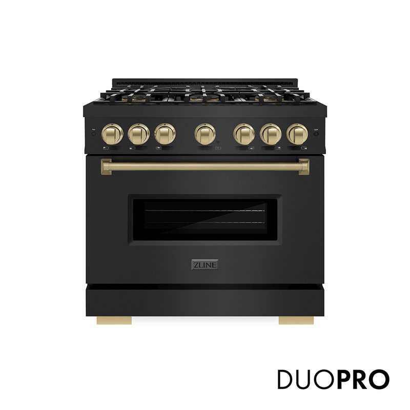 ZLINE Autograph 36 in. Classic Gas DuoPro Range in Satin Steel and Champagne Bronze Accents, Black Stainless Steel