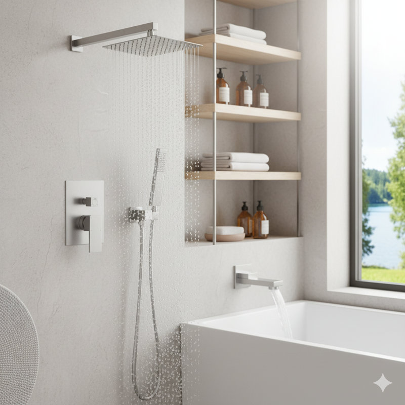 10-Inch Wall Mounted Rain Shower System with Handheld Shower Head, Tub Spout, and Pressure Balance Valve, Brushed Nickel