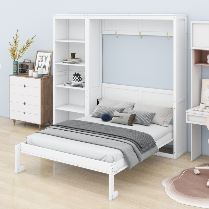 Ellettsville Murphy Bed Wall Bed With Shelves, White, Queen