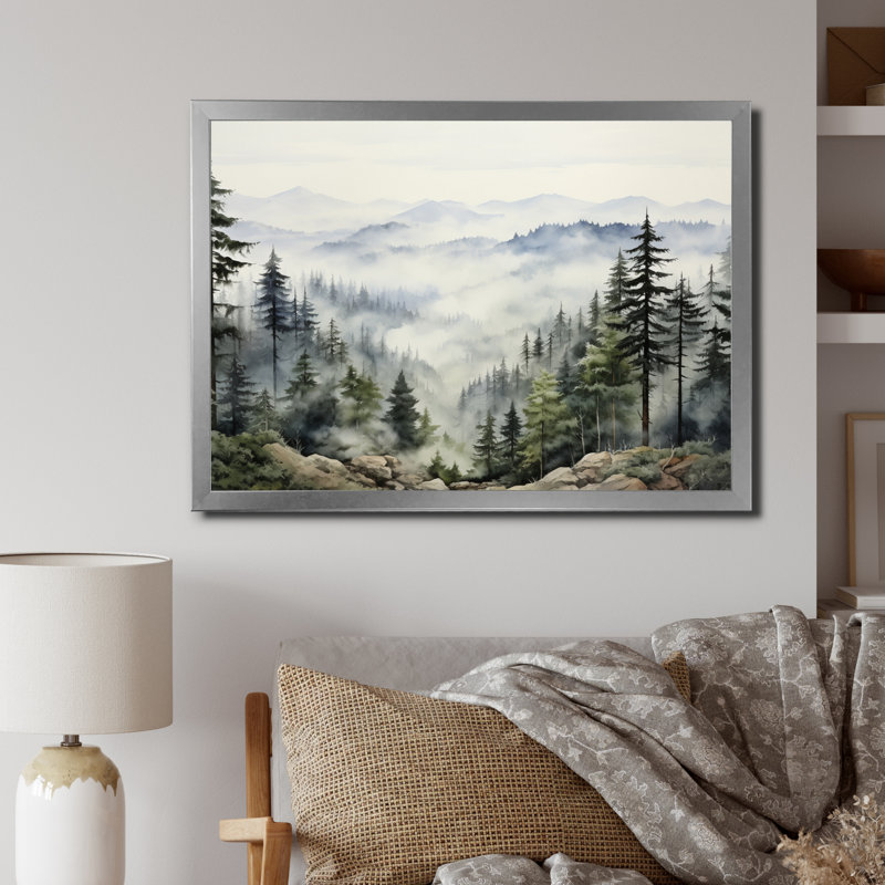 «Pine Tree Misty Mountain I», art sur toile de pin, H 30 po x l 40 po, Cadre photo unique, Argent argent