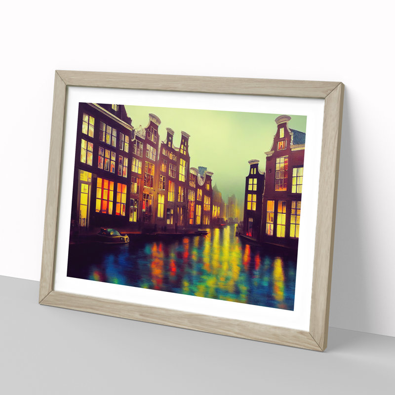 Amsterdam Canal Art Painting Vol.2 - Single Picture Frame Print, 25cm H x 34cm W x 2cm D, Oak