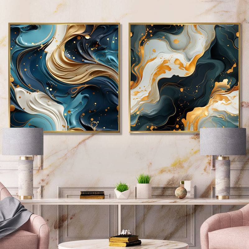 Horsham - ensemble de 2 reproductions d'art sur toile marbrées abstraites, Encadrement doré, H 16 po x l 33 po x P 1 po