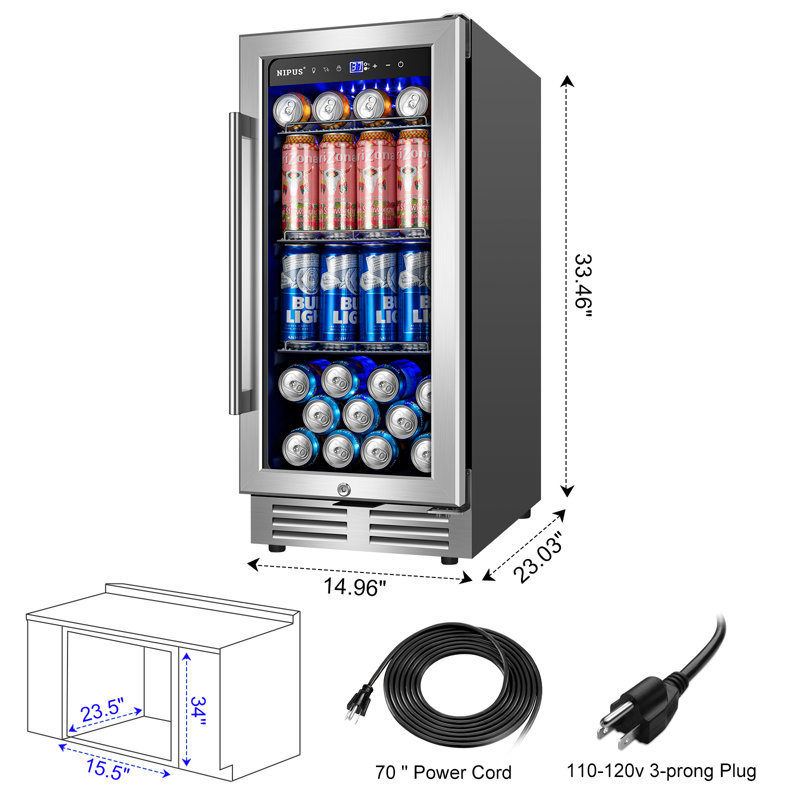 15 Inch Built-in/Freestanding Beverage Refrigerator Cooler 130 Can Beer Cooler Mini Beer Drink Fridge with Glass Door and Lock Under Counter Classic Series