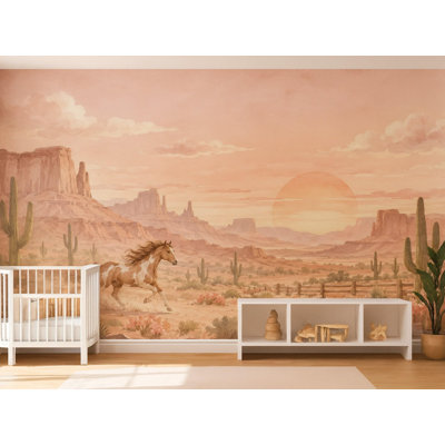 Pink Cowgirl Landscape Wallpaper Mural, Peel and Stick Kids Room Wall Mural, Watercolor Nursery Wallpaper Made to Measure