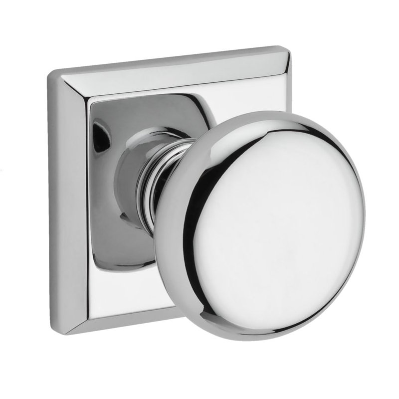 Round Single Dummy Door Knob with Traditional Square Rose, Polished Chrome, Single Dummy