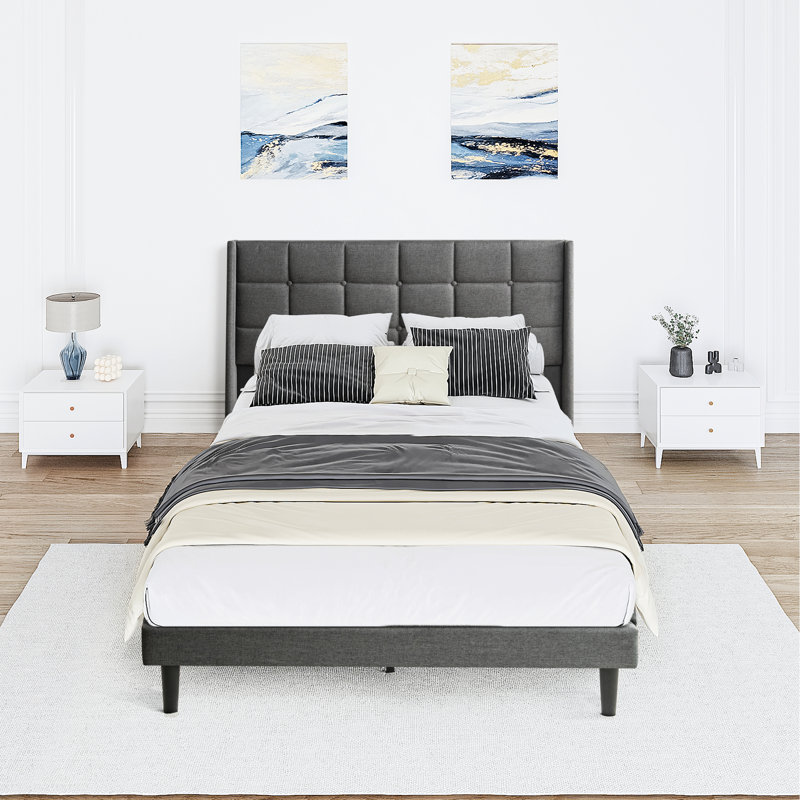 Modern Dark Grey Linen Upholstered Queen Bed - Platform Frame With Button Headboard, No Box Spring Needed, Easy Assembly Headboard Tufting, Spring, Wood Slat Support, Assembly, 600 Lbs Max Weight