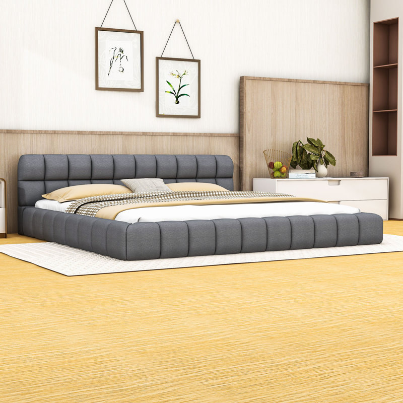 Lit plateforme tapissier contemporain avec tête de lit, Gris