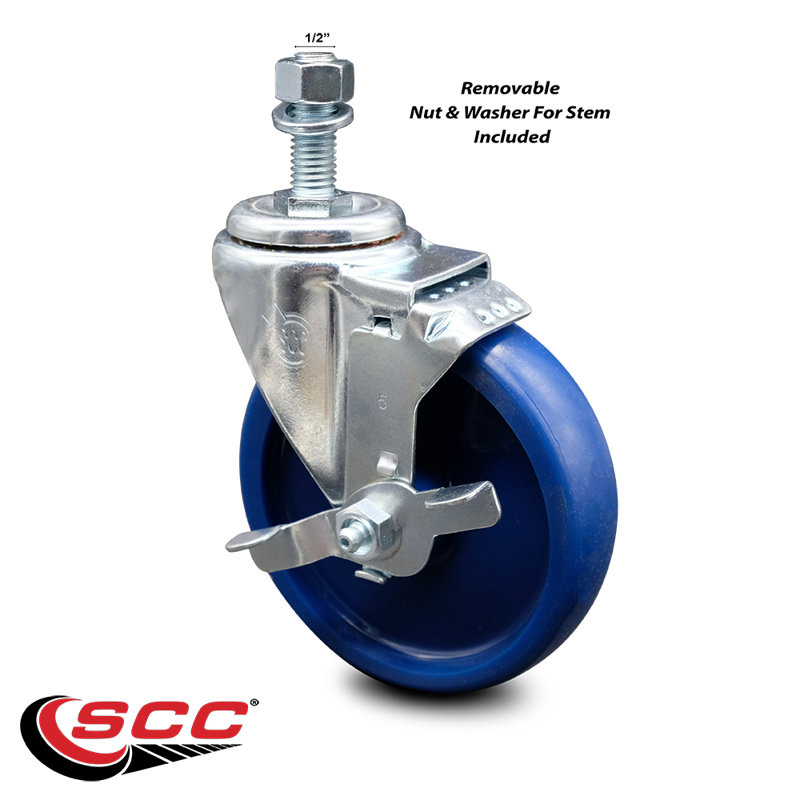 5 Inch SS Solid Polyurethane Wheel Swivel ½ Inch Threaded Stem Caster with Brake