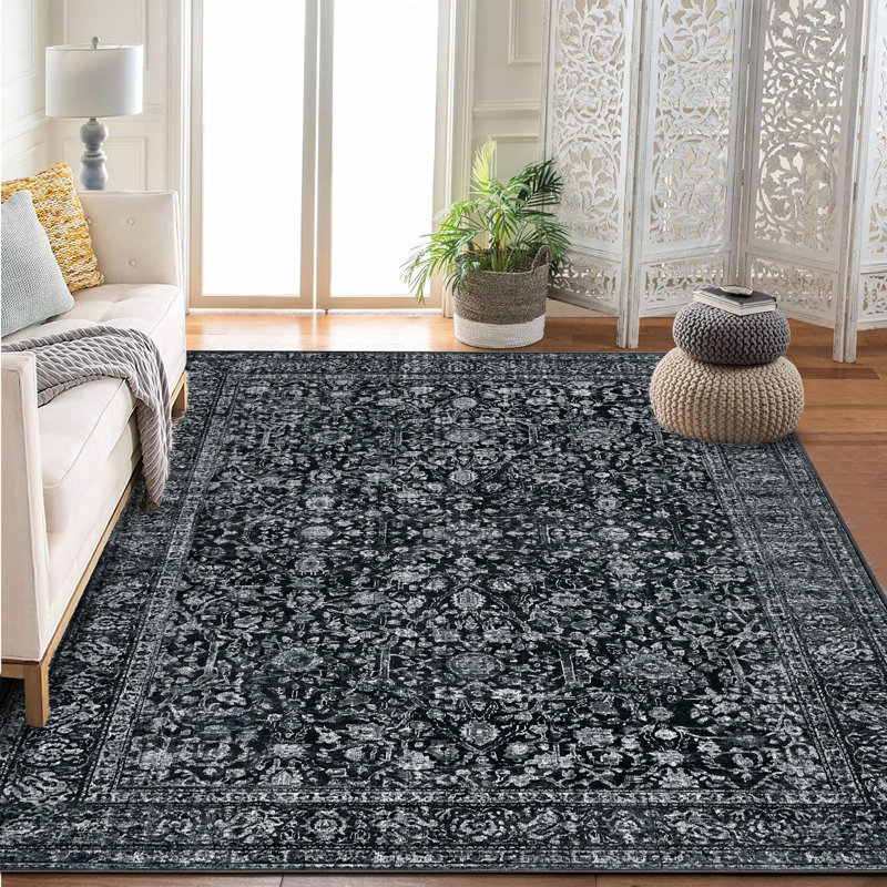 Area Rugs Washable Vintage Floral Boho Area Rug - Large Carpet - Non-Slip, Low Pile, Soft, Distressed for Living Room, Bedroom, Dining Room, Entryway